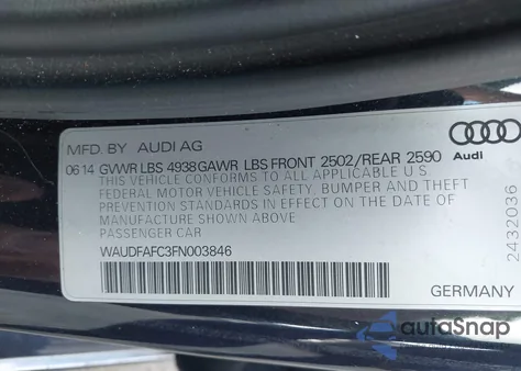 2015 Audi A6 2.0T Premium from USA, damaged, VIN WAUDFAFC3FN003846